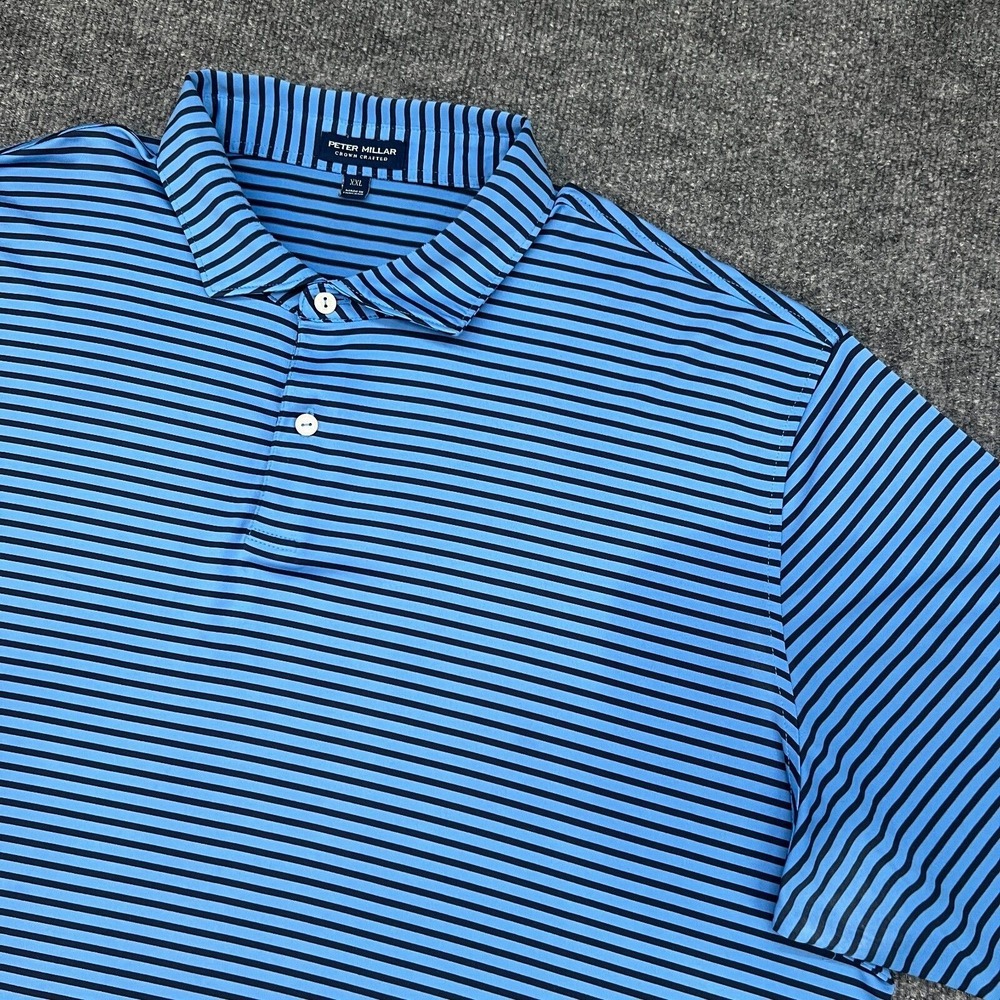 Peter Millar Shirt Mens 2XL XXL Adult Navy Blue Stripes Crown Crafted Stretch